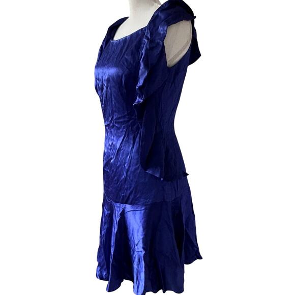 KAREN MILLEN Ruffled Satin Drop Waist Mini Dress in‎ Cobalt Blue-Size 10 - Picture 5 of 7